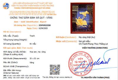giấy kiểm định đảm bảo chất lượng cho tranh hoa sen mạ vàng 20cm nền xanh dương