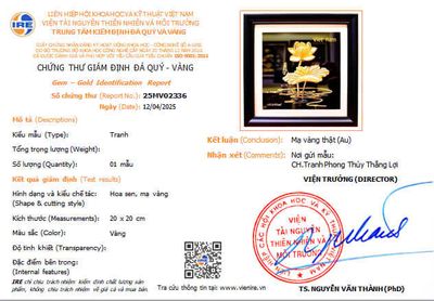 giấy kiểm định đảm bảo chất lượng cho tranh hoa sen mạ vàng 20cm nền đen
