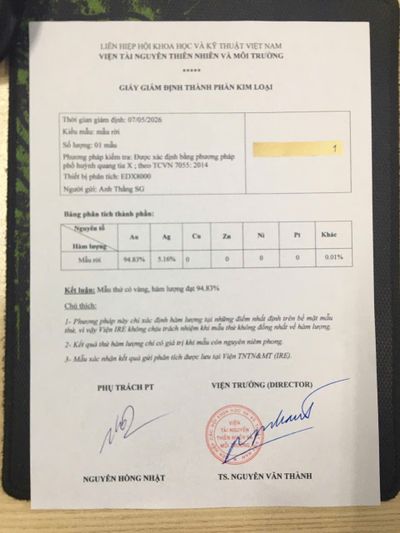 Giấy kiểm định vật liệu vàng lá làm tranh chân dung mạ vàng đạt hàm lượng vàng gần 95%