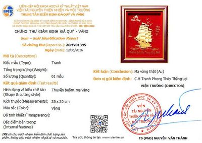 giấy kiểm định Tranh Thuyền Buồm Mạ Vàng 25 20cm Thiết Kế Riêng