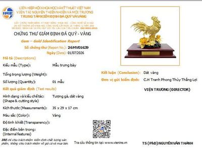 giấy kiểm định Tượng Gà Trống Mạ Vàng 24k 29 17 35cm