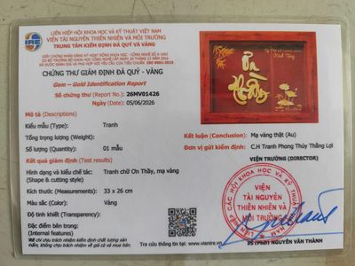 giấy kiểm định Tranh chữ ơ thầy mạ Vàng 24k