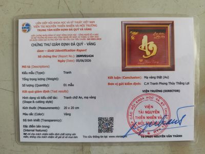 giấy kiểm định Tranh chữ an Mạ Vàng 24k