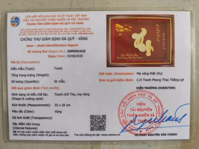giấy kiểm định Tranh chữ thọ Mạ Vàng 24k